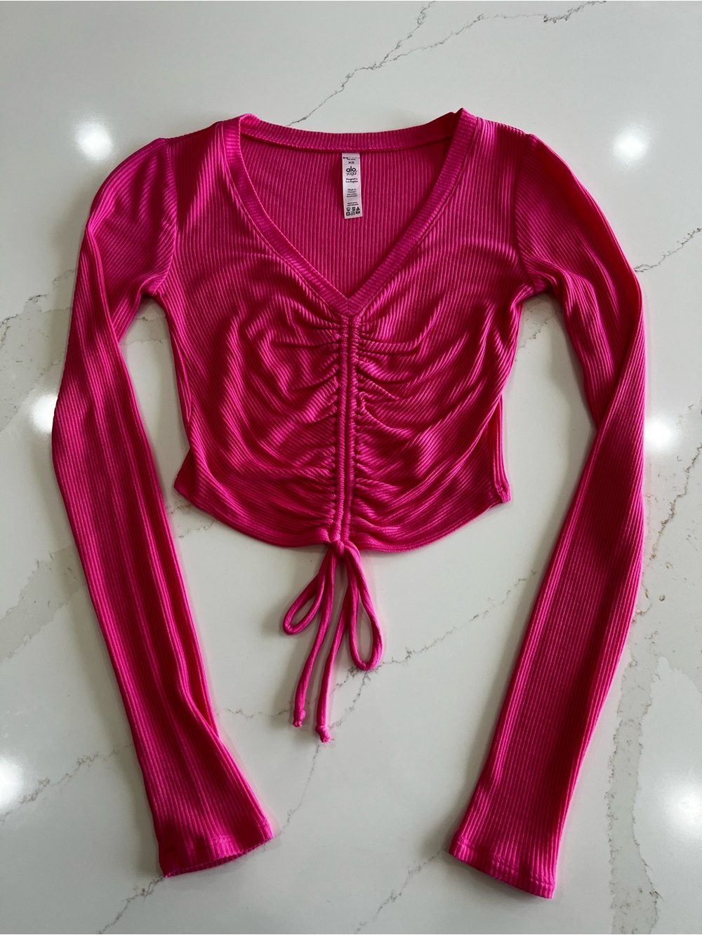 Alo Yoga Women’s Hot Pink Ribbed Drawstring V-Neck Top